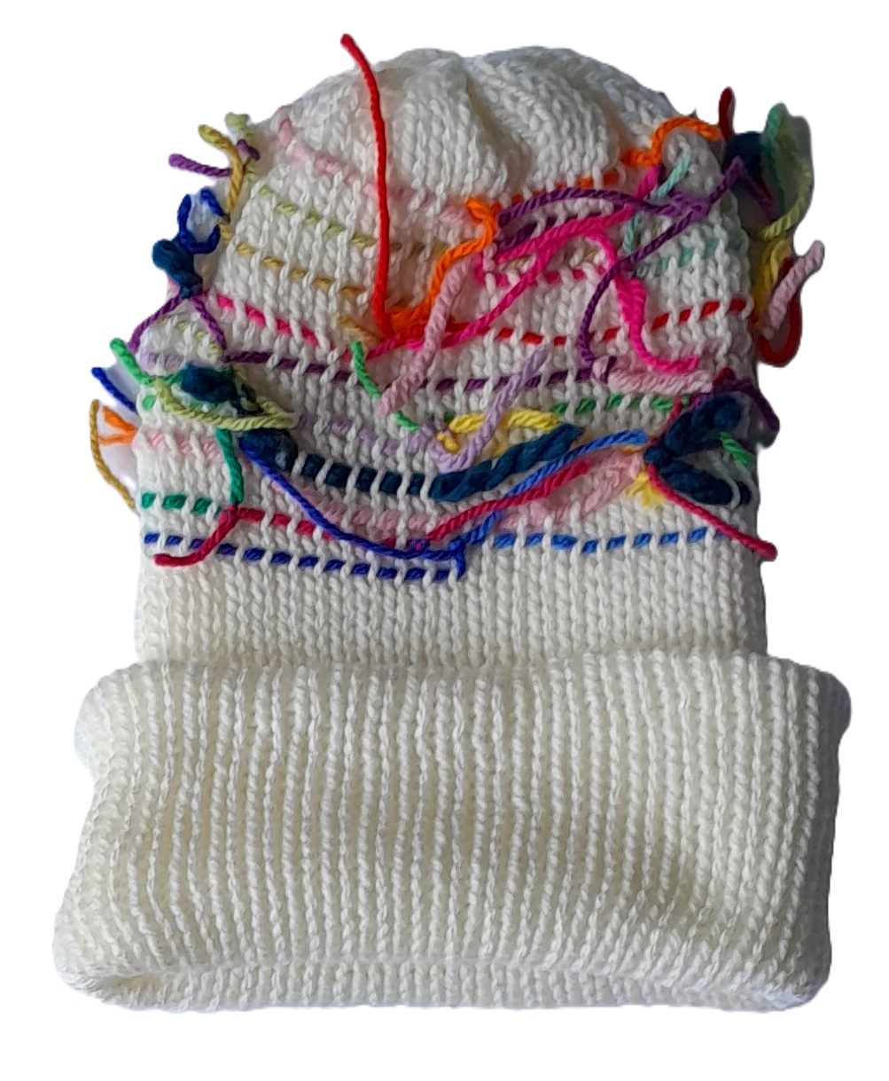 Funky-Hairy Double Layer White Beanie